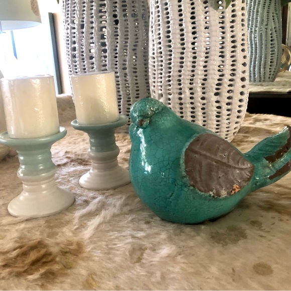 New!  Blue & White Color Block Ceramic Candle Holders  + Candles - Picture 2 of 4